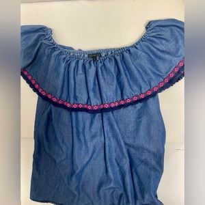 Boho chambray top with ruffle size large